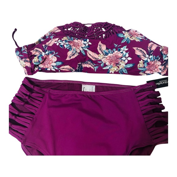 Ambrielle Burgundy‎ Floral Bikini Swimsuit Set High Waist Size L - Picture 1 of 9